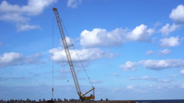 High Construction Crane Next Ocean Horizon Coast Line — Stock Video