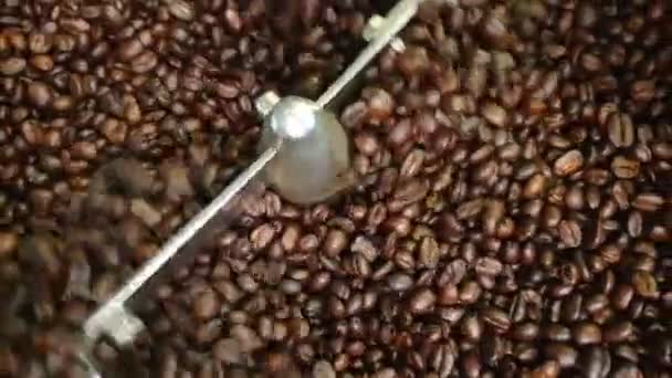 Machine Roosteren Koffiebonen Close Bovenaanzicht — Stockvideo