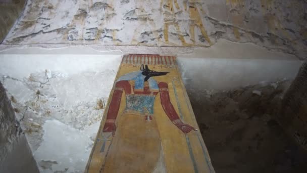 托斯泰和塞纳赫特 阿努比斯的墓中的神像图解和墓穴中的象形文字蓝色和黄色 — 图库视频影像