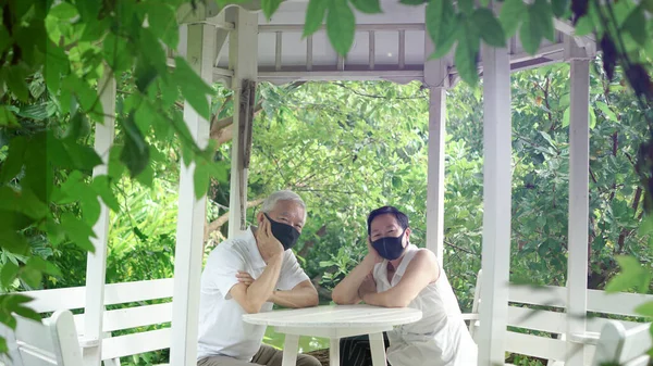 Asiatisches Älteres Seniorenpaar Trägt Maske Quarantäne Staffelei Grünem Naturpark Hintergrund — Stockfoto