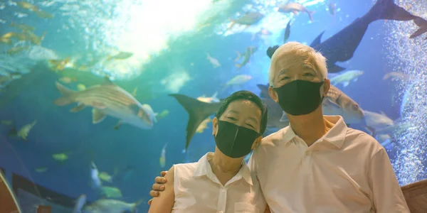 Aquário Túnel Subaquático Com Asiático Casal Idosos Seniores Usar Máscara — Fotografia de Stock