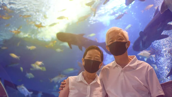 Underwater Tunnel Aquarium Asian Senior Elder Couple Wear Mask Dating — Stock Photo, Image