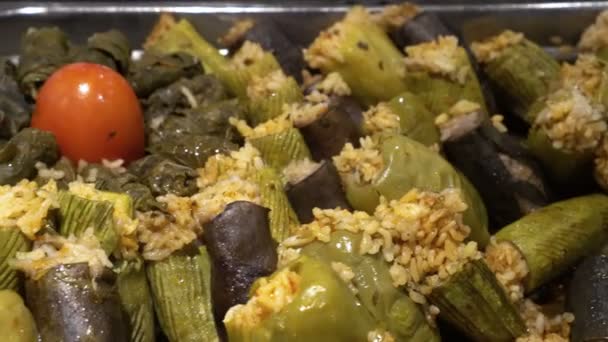中东葡萄叶 辣椒和茄子混合而成的洋娃娃菜肴 里面塞满了稻草和香料 — 图库视频影像