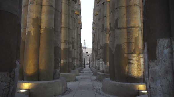 Låg Vinkel Panorering Mellan Uppljuspelare Luxor Tempel Egypten — Stockvideo