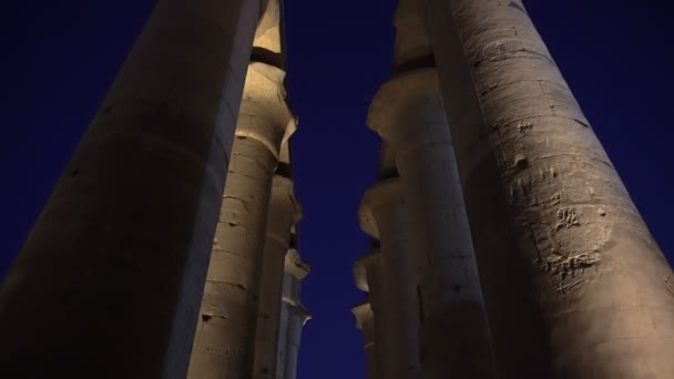 Ночное Небо Луксор Храм Египет Высветить Колонны Красивый Вид Исторический — стоковое видео