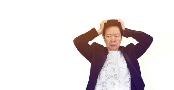 Gestresste Und Frustrierte Ältere Asiatische Geschäftsinhaberin Über Fehler Und Problem — Stockfoto