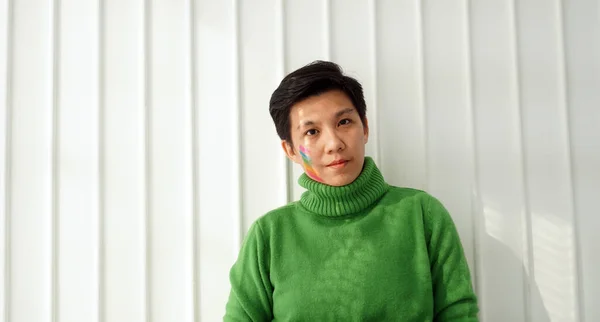 Asian Ethnic Handsome Tomboy Green Sweater Pride Flag Paint Face — Stock Photo, Image