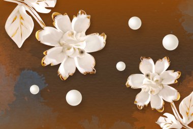 3D Wallpaper Design with ivory flower and dark brown background clipart
