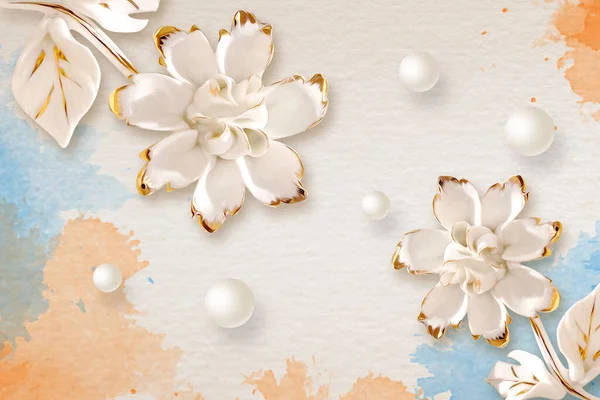 白い花とカラフルな背景を持つ3D壁紙デザイン ロイヤリティフリーのストック画像