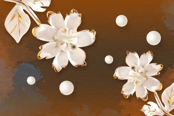 アイボリー色の花と暗褐色の背景を持つ3D壁紙デザイン ストックフォト