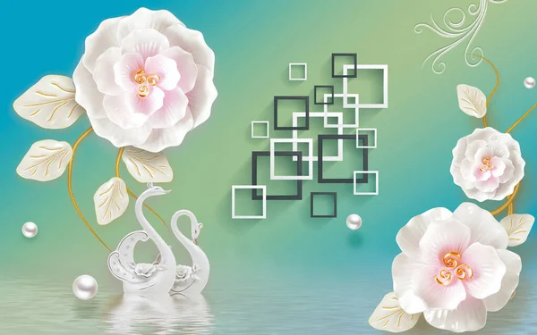 3d wallpaper with whitest flower and aqua color beautyful background