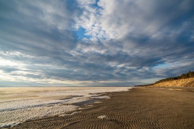 Bahar manzara. Ob rezervuar üzerinde eriyen kar. Rusya, Sibirya, Novosibirsk bölgesi.