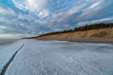 Bahar manzara. Ob rezervuar üzerinde eriyen kar. Rusya, Sibirya, Novosibirsk bölgesi.
