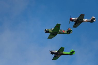 Novosibirsk, Rusya Federasyonu - 5 Ağustos 2018: uzun bir grup yak-52 uçaklarının hava, bir program yapar görüş açısı göstermek, Mochishche Havaalanı.