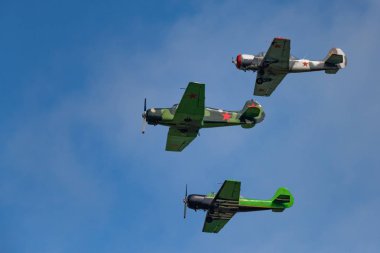 Novosibirsk, Rusya Federasyonu - 5 Ağustos 2018: uzun bir grup yak-52 uçaklarının hava, bir program yapar görüş açısı göstermek, Mochishche Havaalanı.