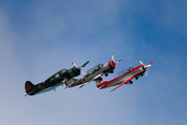 Novosibirsk, Rusya Federasyonu - 5 Ağustos 2018: uzun bir grup yak-52 uçaklarının hava, bir program yapar görüş açısı göstermek, Mochishche Havaalanı.