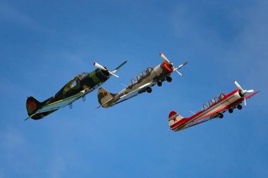 Novosibirsk, Rusya Federasyonu - 5 Ağustos 2018: uzun bir grup yak-52 uçaklarının hava, bir program yapar görüş açısı göstermek, Mochishche Havaalanı.
