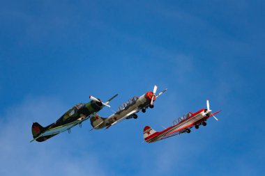 Novosibirsk, Rusya Federasyonu - 5 Ağustos 2018: uzun bir grup yak-52 uçaklarının hava, bir program yapar görüş açısı göstermek, Mochishche Havaalanı.