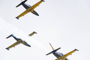 Novosibirsk, Rusya Federasyonu - 5 Ağustos 2018: Akrobasi ekibi Russ L-39 Albatros uçakta program hava gösterisi yapar.