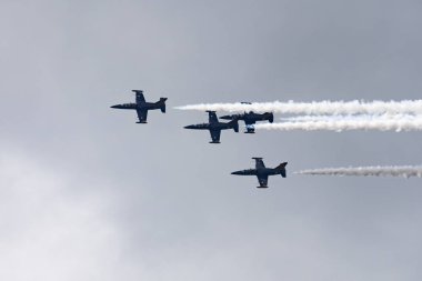 Novosibirsk, Rusya Federasyonu - 5 Ağustos 2018: Akrobasi ekibi Russ L-39 Albatros uçakta program hava gösterisi yapar.