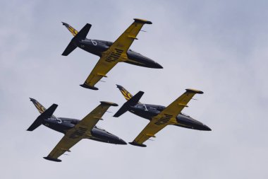 Novosibirsk, Rusya Federasyonu - 5 Ağustos 2018: Akrobasi ekibi Russ L-39 Albatros uçakta program hava gösterisi yapar.