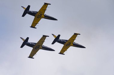 Novosibirsk, Rusya Federasyonu - 5 Ağustos 2018: Akrobasi ekibi Russ L-39 Albatros uçakta program hava gösterisi yapar.
