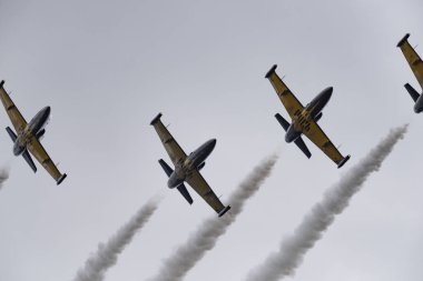 Novosibirsk, Rusya Federasyonu - 5 Ağustos 2018: Akrobasi ekibi Russ L-39 Albatros uçakta program hava gösterisi yapar.