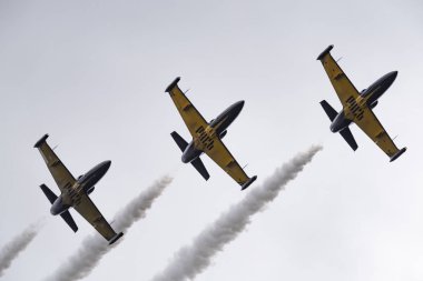 Novosibirsk, Rusya Federasyonu - 5 Ağustos 2018: Akrobasi ekibi Russ L-39 Albatros uçakta program hava gösterisi yapar.