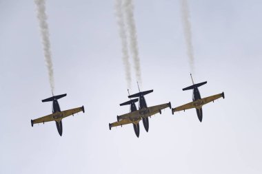 Novosibirsk, Rusya Federasyonu - 5 Ağustos 2018: Akrobasi ekibi Russ L-39 Albatros uçakta program hava gösterisi yapar.