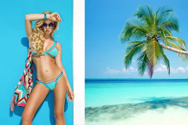 Schöne Sexy Frau Bikini Posiert Karibischen Strand — Stockfoto
