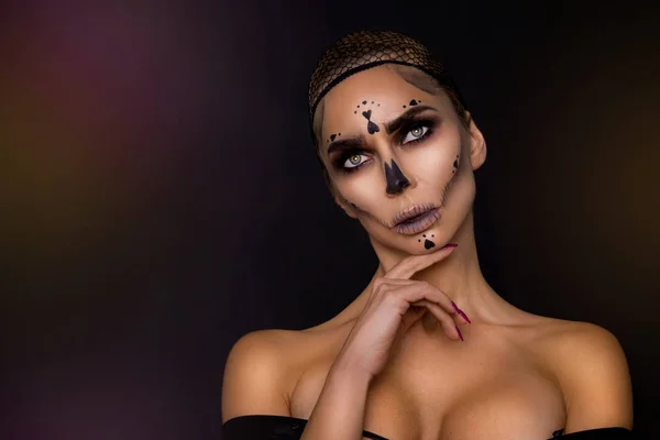 Portrait Femme Brune Sexy Dans Maquillage Halloween Sur Fond Noir — Photo