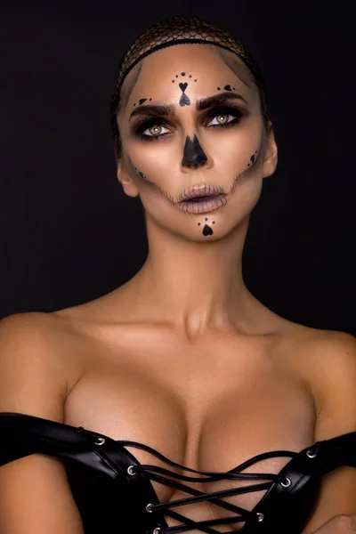 Portrait Femme Brune Sexy Dans Maquillage Halloween Sur Fond Noir — Photo