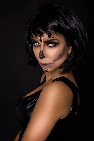 Portrait Femme Brune Sexy Dans Maquillage Halloween Sur Fond Noir — Photo