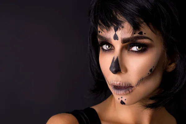 Portrait Femme Brune Sexy Dans Maquillage Halloween Sur Fond Noir — Photo