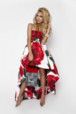 Zarif bir gece elbisesi kırmızı güller, Sevgililer hediye, bir saksı çiçek ile holding ile güzel sarışın kadın. Güzellik model beyaz bir arka plan üzerinde stüdyoda poz.