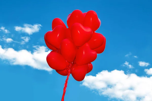 Conjunto Balões Bando Balões Forma Coração Vermelho Céu Com Amor — Fotografia de Stock