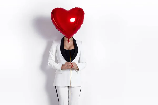 Valentine Beauty Girl Red Air Balloon Portrait Isolated Background Beautiful — Stockfoto