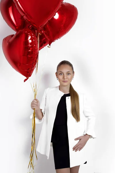 Valentine Krásy Dívka Teenager Červenými Vzduch Balón Portrét Izolované Pozadí — Stock fotografie