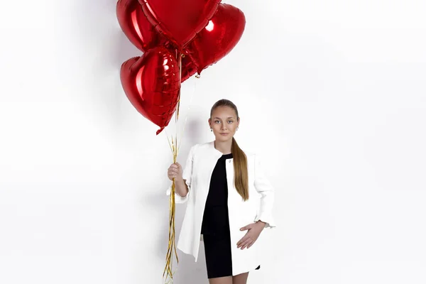 Valentine Beleza Jovem Adolescente Com Retrato Balão Vermelho Isolado Fundo — Fotografia de Stock