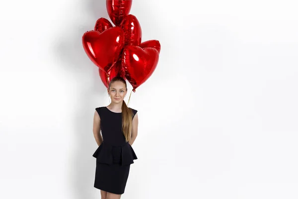 Valentine Krásy Dívka Teenager Červenými Vzduch Balón Portrét Izolované Pozadí — Stock fotografie