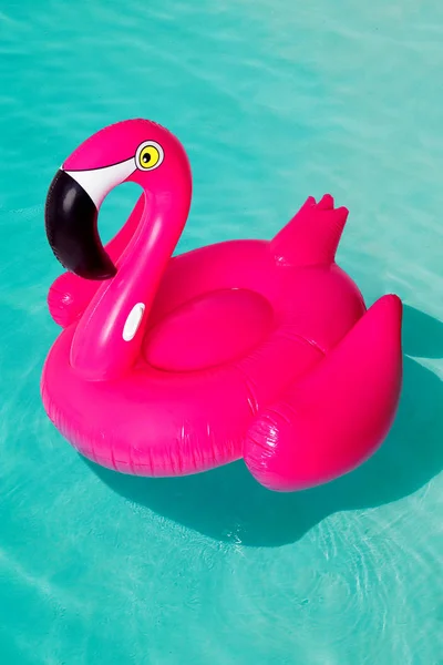 3d pink flamingo, tropical bird shape inflatable swimming pool ring, tube, float. Summer vacation holiday rubber object, traveling, beach ocean. Illustration isolated blue background