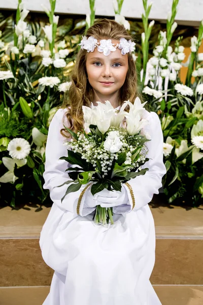 Portrait Cute Little Girl White Dress Wreath First Holy Communion — Stock Photo, Image