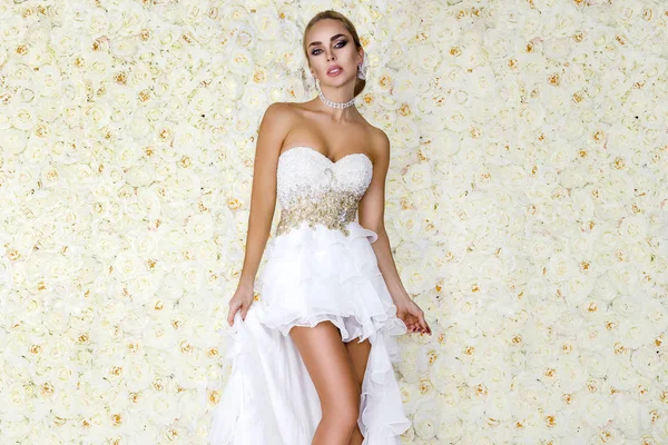 Vacker Brud Fantastisk Bröllopsklänning Med Spets Skönhet Ung Kvinna Bakgrund — Stockfoto