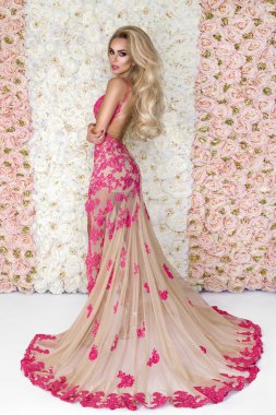 Muhteşem gelinlik stüdyo portre moda gelin. Evlilik dantel elbise gelinlik makyaj ve saç modeli ile güzel model kız. Güzellik bayan lüks moda gelinlik