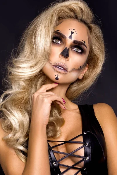 Sexy Czarownica Halloween Szkielet Makijaż Obraz — Zdjęcie stockowe