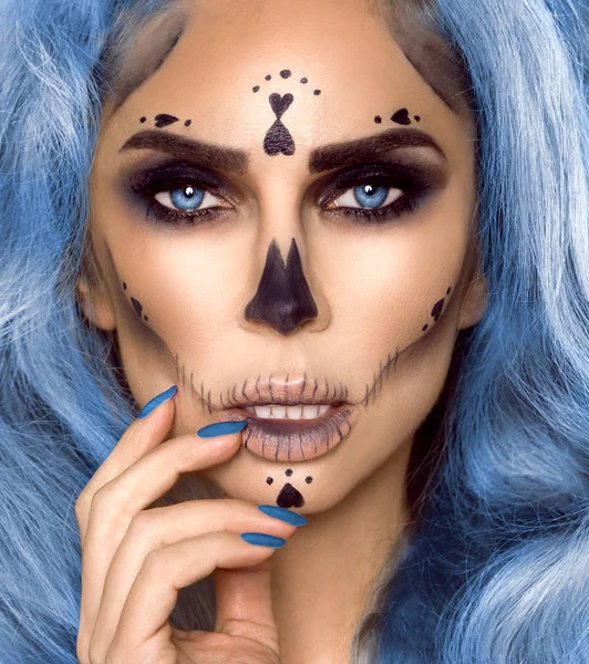 Retrato Bruxa Sexy Halloween Mulher Bonita Maquiagem Bruxas Com Cabelos — Fotografia de Stock