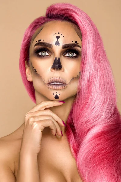 Retrato Bruxa Sexy Halloween Mulher Bonita Maquiagem Bruxas Com Cabelos — Fotografia de Stock