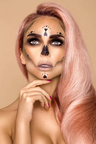 Halloween Szexi Boszorkány Portré Gyönyörű Fiatal Boszorkányok Smink Hosszú Göndör — Stock Fotó