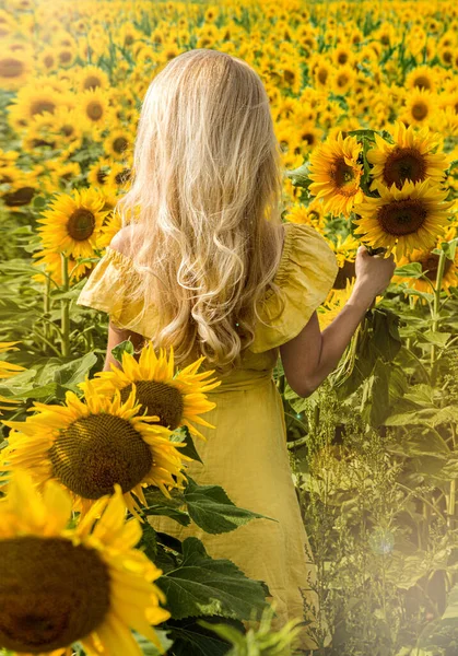 Uma Jovem Feliz Bonita Vestido Amarelo Está Grande Campo Girassóis — Fotografia de Stock