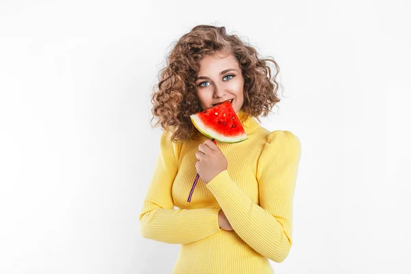 Menina Engraçada Feliz Com Uma Fatia Sorvete Melancia Fundo Branco — Fotografia de Stock